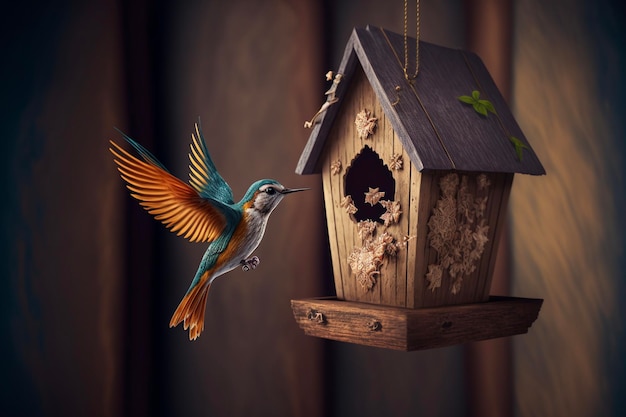 木製の鳥小屋と飛行中のハチドリ