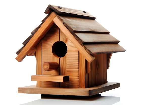 A wooden bird house with a small hole