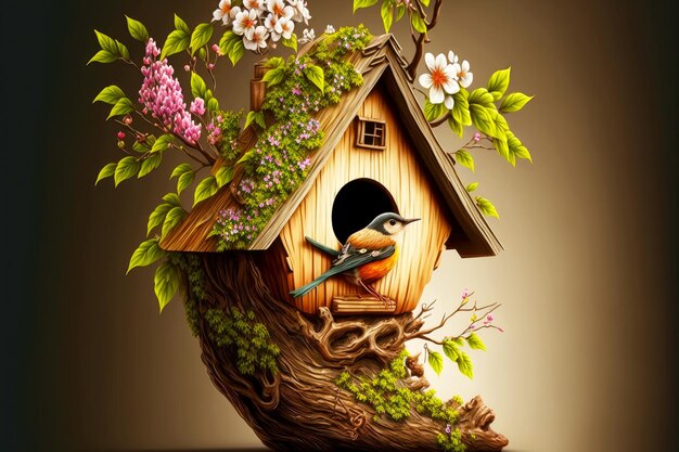 Wooden birdhouse with flowers in nest on branch of tree