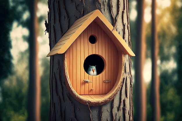 Wooden birdhouse with open hole against backdrop of tall trees