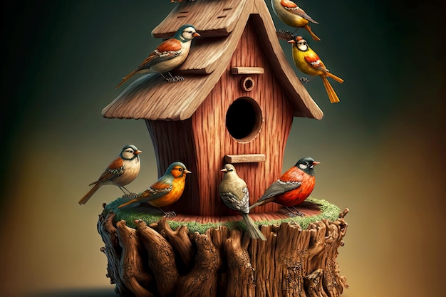 Wooden birdhouse with perch and birds sitting on it