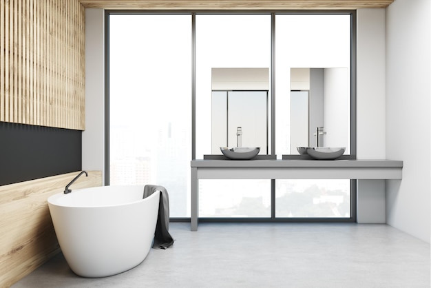 Wooden and black wall modern bathroom interior with a concrete floor, a panoramic window and a white bathtub. A double sink. 3d rendering mock up