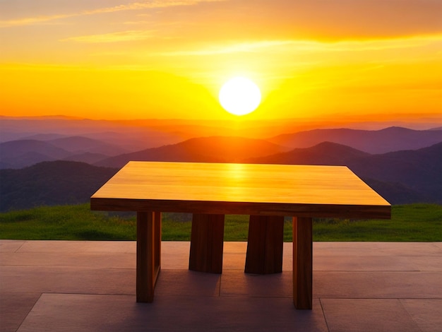 wooden blank empty Table with a Natural sunset view