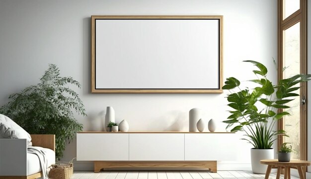 Wooden blank frame mockup on wall in modern interior Horizontal artwork Generative Ai