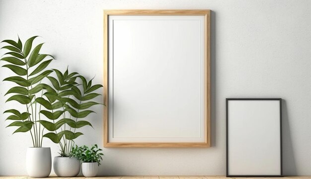 Wooden blank frame mockup on wall in modern interior Horizontal artwork Generative Ai