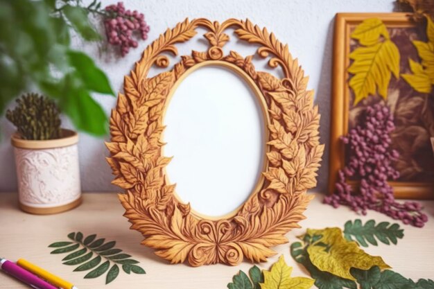 Photo wooden blank frame which frame is made of wood carving copy space mockup