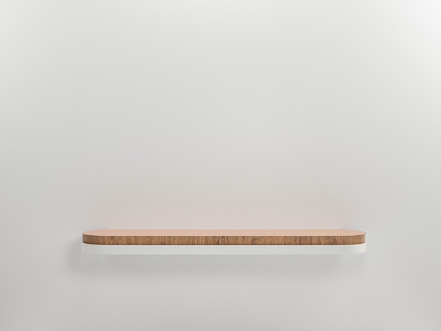 Wooden blank shelf on white wall background and copy space for display product presentation and advertisement. 3d render