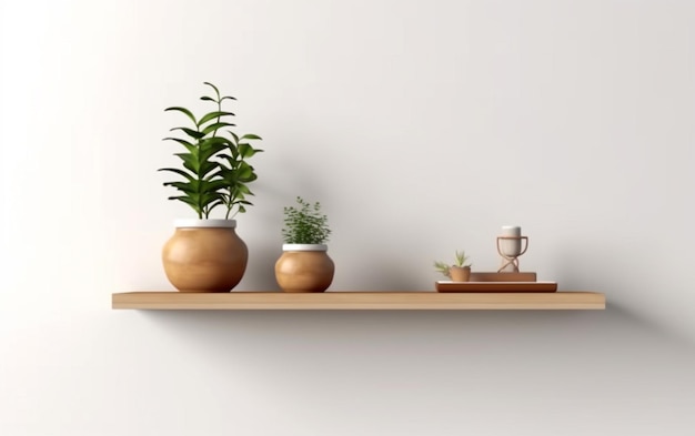 Wooden blank shelf with plant on white wall background