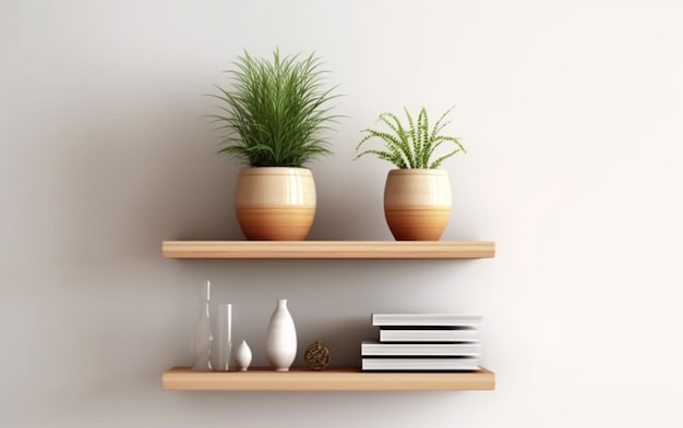 Photo wooden blank shelf with plant on white wall background