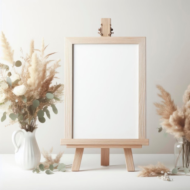 Wooden blank white easel mockup Board for wedding inscription ai generative