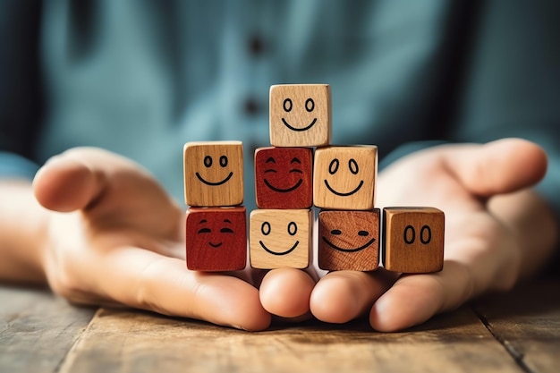 Этикетка из деревянного блока со счастливой улыбкой, расслабляющим лицом, хорошими отзывами клиентов Всемирный день психического здоровья