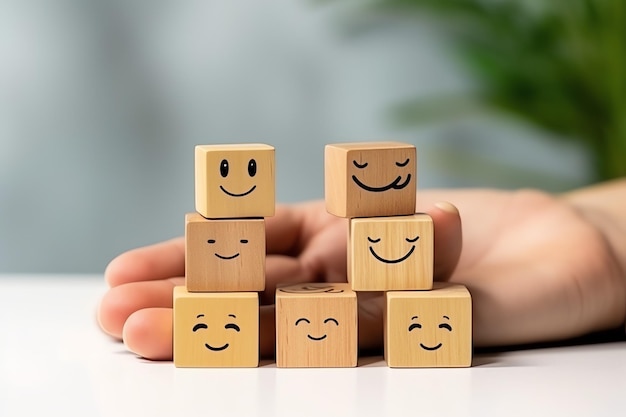 행복한 미소를 지닌 나무 블록 라벨은 좋은 피드백 고객 세계 정신 건강의 날을 맞이합니다.