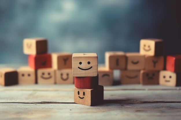幸せな笑顔リラックス顔良いフィードバック顧客の木製ブロック ラベル世界メンタルヘルスデー