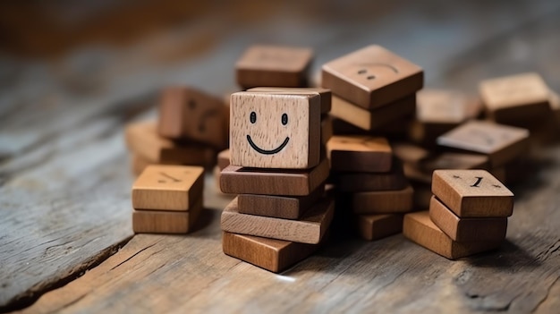 Foto un'etichetta a blocchi di legno con un sorriso felice che rilassa il viso con un buon feedback da parte del cliente giornata mondiale della salute mentale