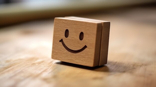 Photo a wooden block label with happy smile relax face good feedback customer world mental health day