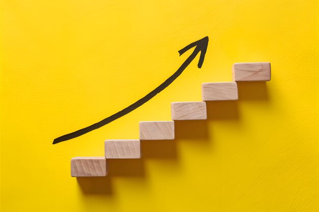 Foto wooden block stairs on yellow backdrop with black arrow representing growth and progress