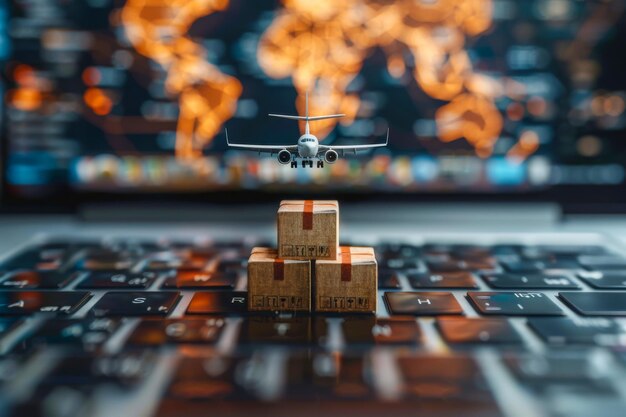 Photo wooden block and toy airplane on laptop keyboard concept
