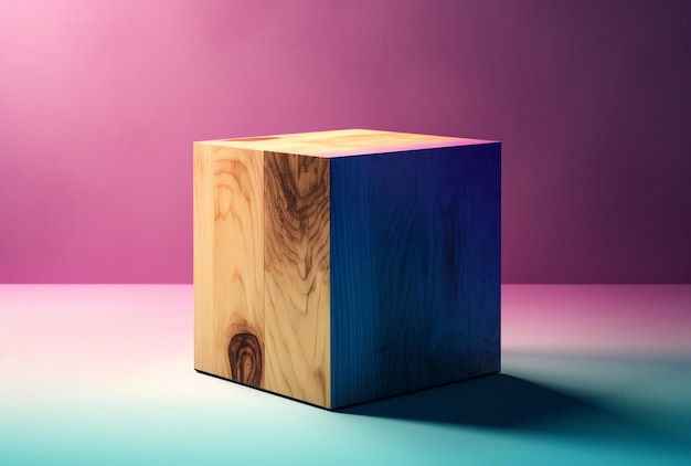Foto un blocco di legno con un quadrato blu sul fondo.