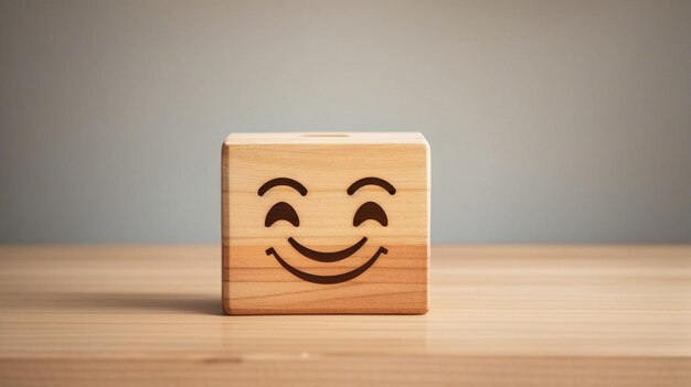 궁극적인 만족을 위한 웃는 아이콘이 있는 나무 블록