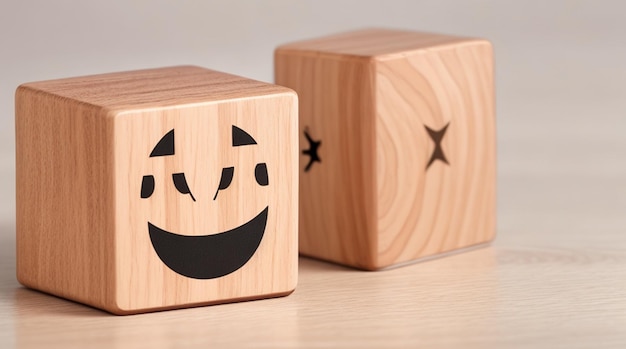 Photo wooden block with smiling icon for ultimate satisfaction