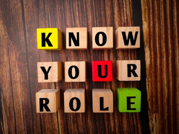 「KNOW YOUR ROLE」という言葉が書かれた木製ブロック