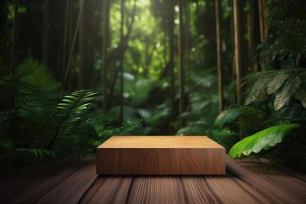 A wooden block on a wooden floor in a forest