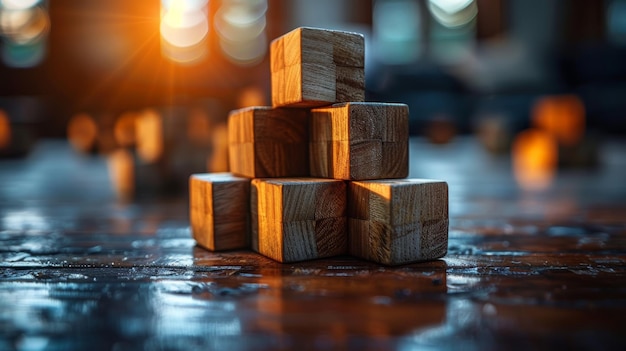 Wooden Blocks Arranged in a Pyramid Shape in Soft Light