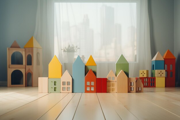 wooden blocks building houses in a playroom for kid and idea design