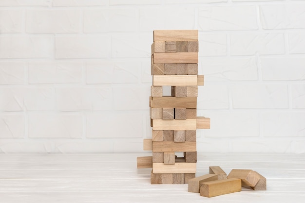 Wooden blocks for building tower close up