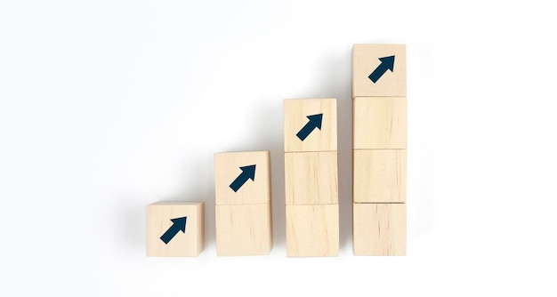 Wooden blocks chart steps with copy space The business growth process