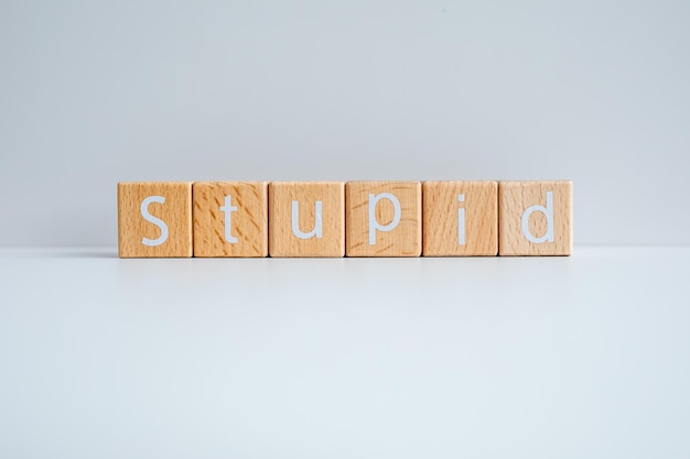 Foto i blocchi di legno formano il testo stupido su uno sfondo bianco