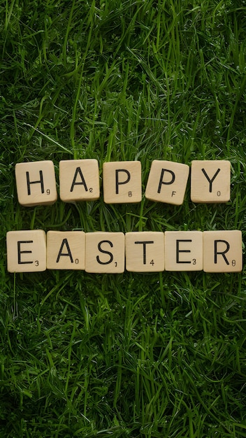 Photo wooden blocks spell out happy easter for festive background vertical mobile wallpaper