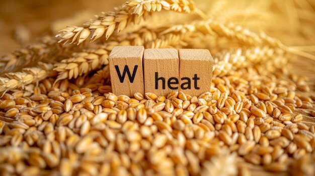Wooden blocks spelling Wheat are set on a bed of golden grains
