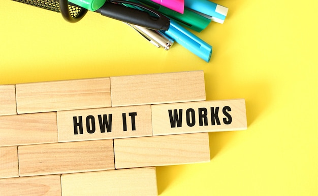 Wooden blocks stacked next to pens and pencils on a yellow background. how it works text on a wooden block. business concept