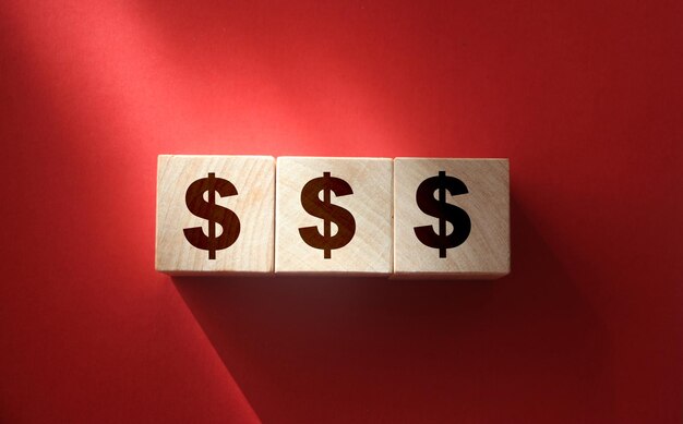 Wooden blocks with dollar signs on red wealth profit business concept