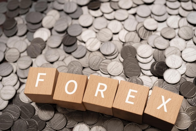 개념 및 동전의 FOREX 텍스트가 있는 나무 블록.