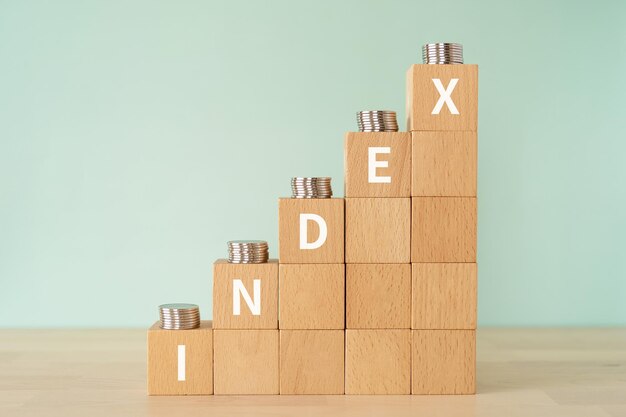 Wooden blocks with INDEX text of concept and coins.