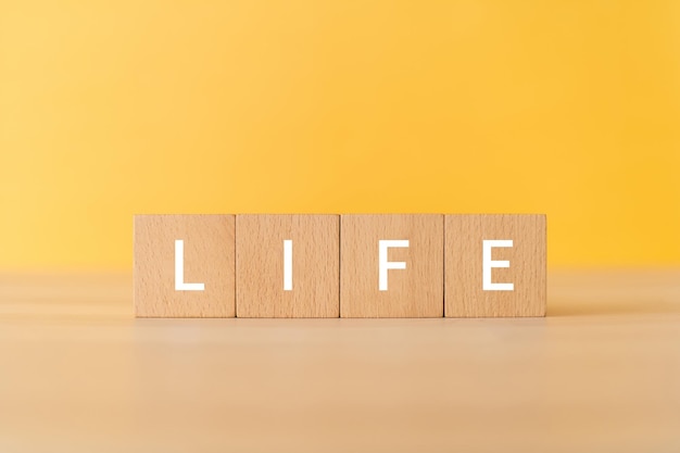 개념의 LIFE 텍스트, 펜, 노트북 및 손이 있는 나무 블록.