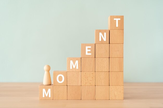 Wooden blocks with MOMENT text of concept and a human toy.