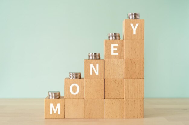 Wooden blocks with MONEY text of concept and coins.