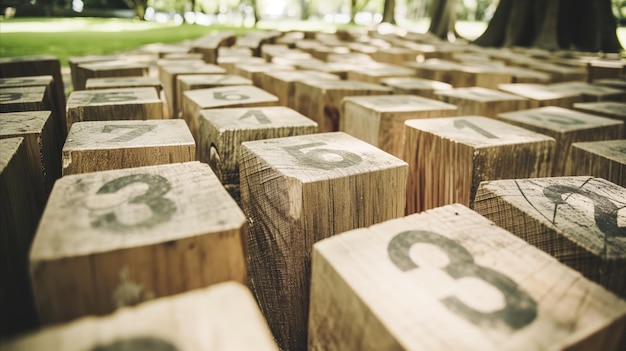 Wooden blocks with numbers in outdoor setting education concept