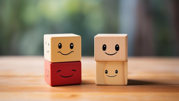 Photo wooden blocks with smiley face on wooden table with blur background