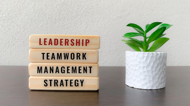 Wooden blocks with text Leadership Teamwork Management Strategy With plant and blurred background Conceptual