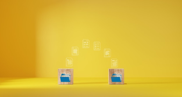 wooden blocks with virtual document loading to another folder data copy or move transfer files of data between folders exchange of file on folder send document to the internet