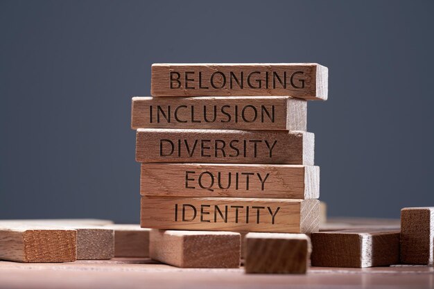 Wooden blocks with words identity equity diversity inclusion belonging