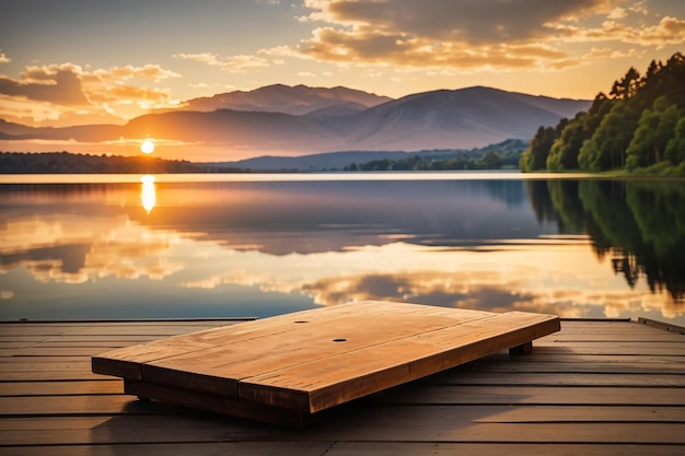 A wooden board against a backdrop of a tranquil lake at sunset