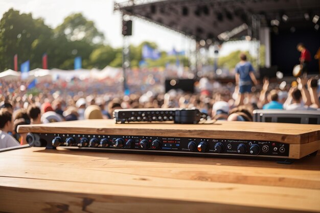 A wooden board against a busy outdoor concert stage suitable for music festival merchandise