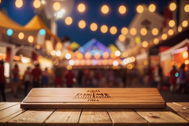 A wooden board against a defocused festival scene event promotion