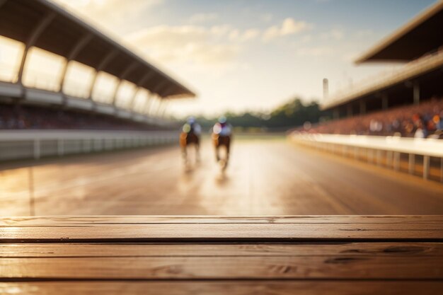 A wooden board against a defocused horse racing track