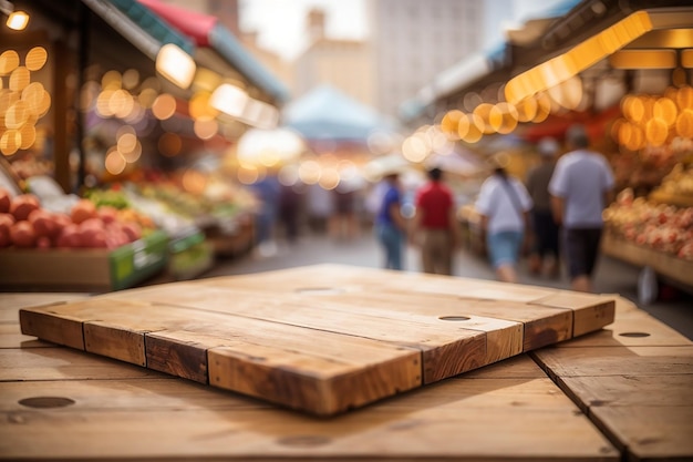 Foto tavola di legno contro un mercato all'aperto sfocato